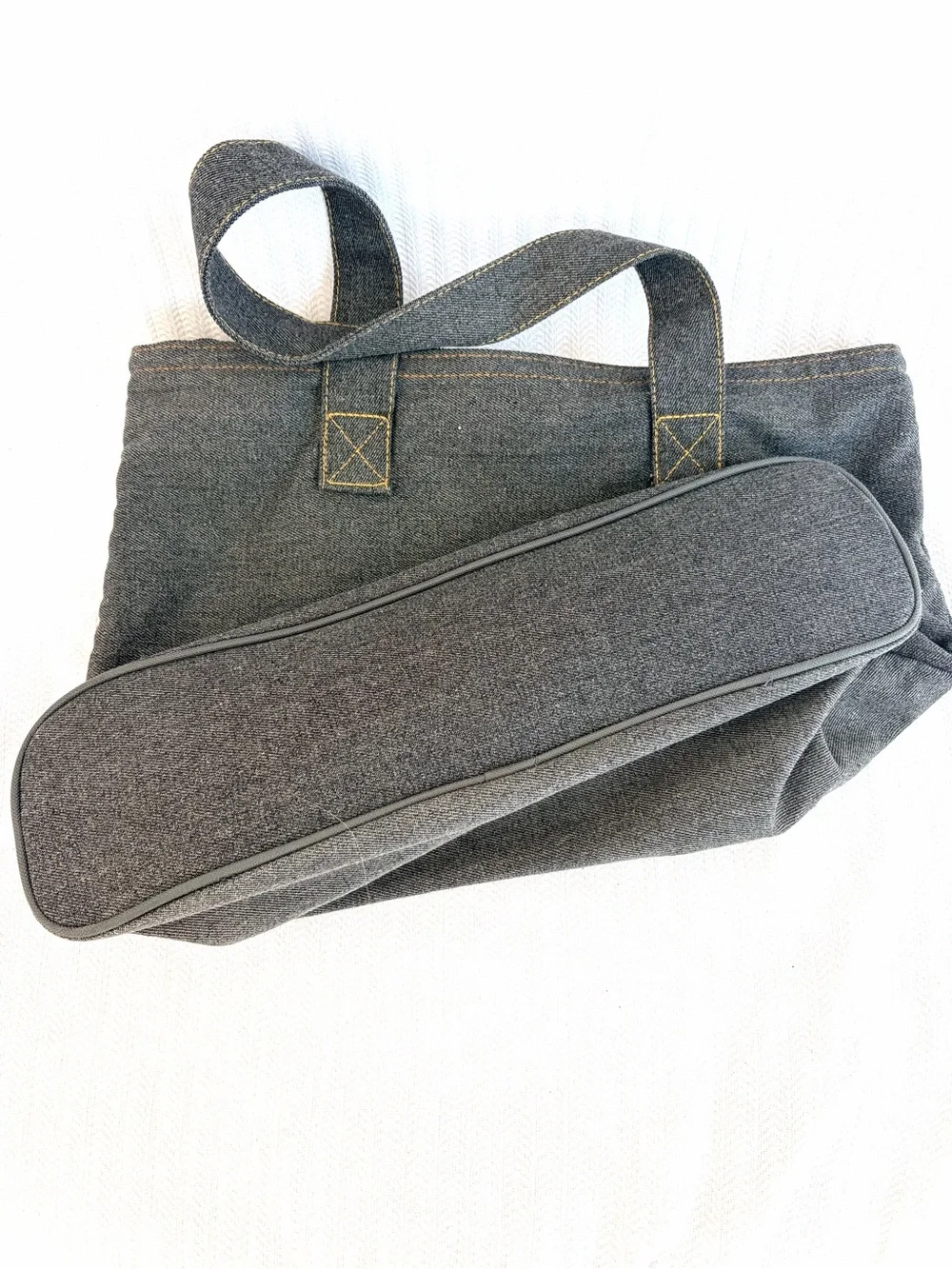 Guess Authentic Vintage 1990s Dark Gray Canvas Tote, White Logo Yellow Stitch
